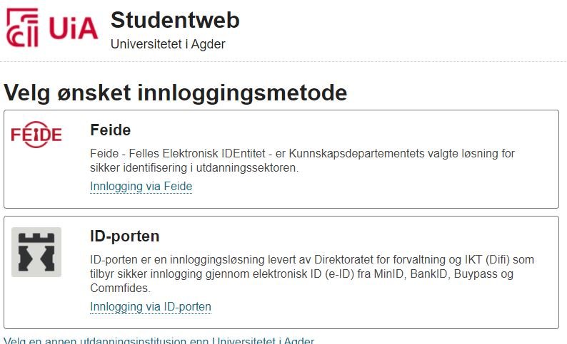 UIA innlogging til studentweb via feide eller ID-.porten
