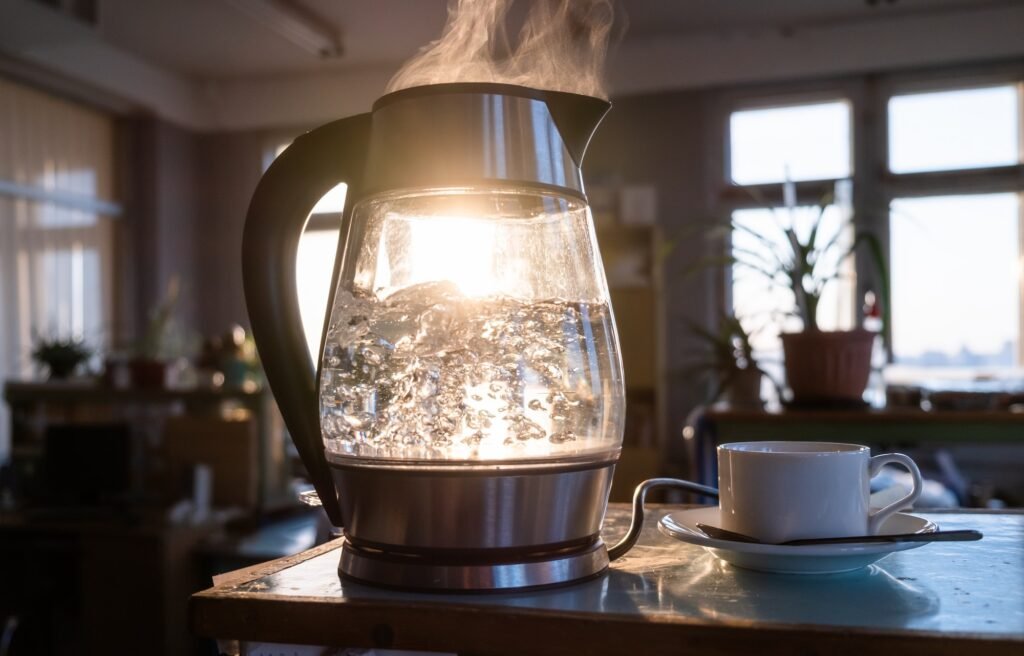 Transparent kettle with water boils
